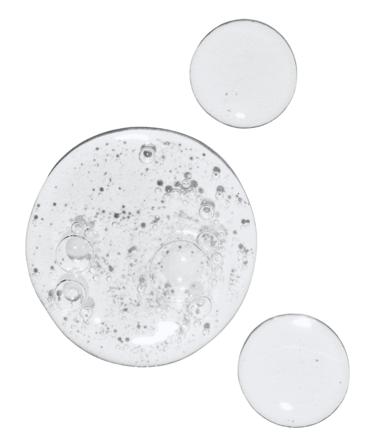 Three clear liquid drops of THIRSTY Hydrating Serum on a white background 